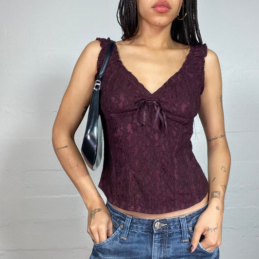 Vintage 2000's Romantic Goth Burgundy Top with Lace Material (S/M)