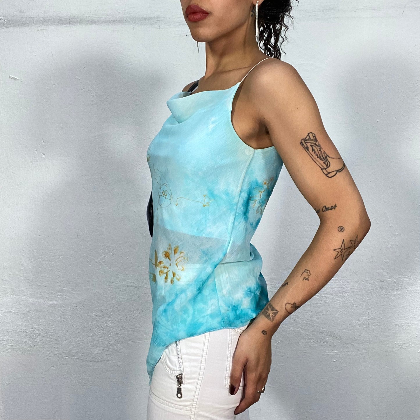 Vintage 2000's Summer Aqua Blue Asymmetric Top with Semi-Sheer Material and Flower Print (M)