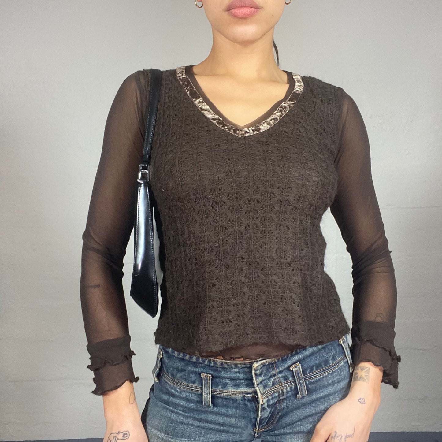 Vintage 90's Fairy Brown Mesh Longsleeve Top with Crochet Body Detail (M)