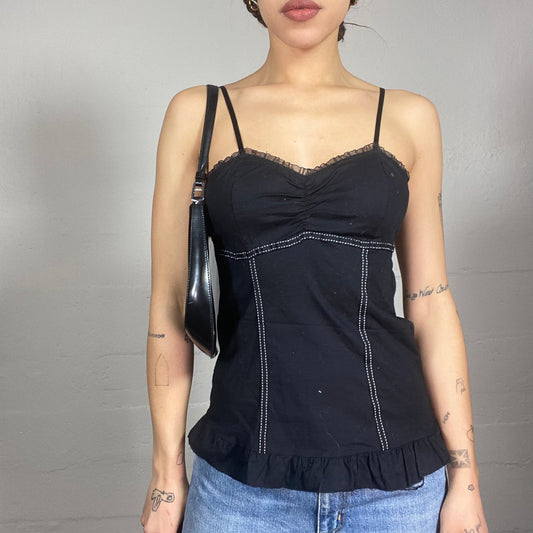 Vintage 2000's Romantic Black Blouse Top with White Visible Seam Detail (S/M)