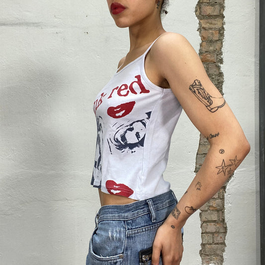 Vintage 2000's Downtown Girl White Top with 'Think Red' Print (S/M)