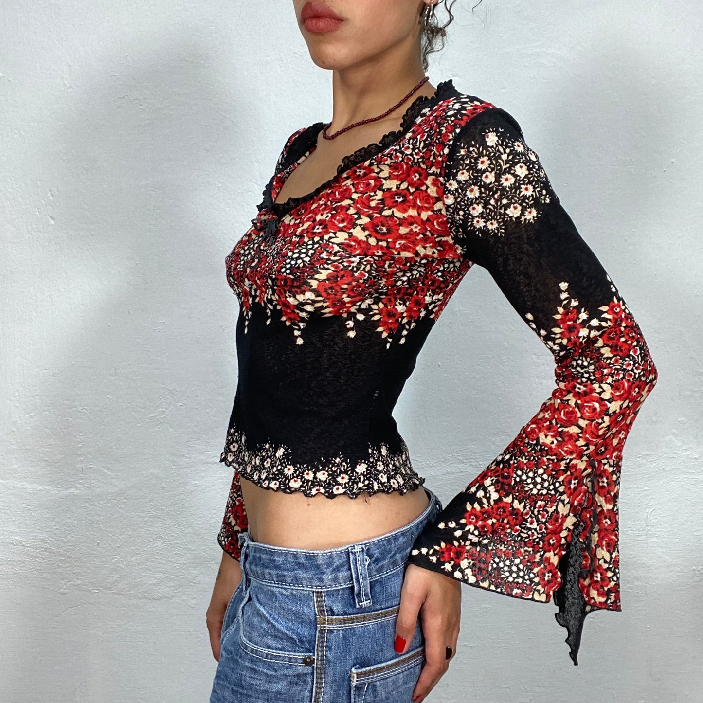 Vintage 90's Indie Black and Red Floral Mesh Top with Flared Sleeves (S)