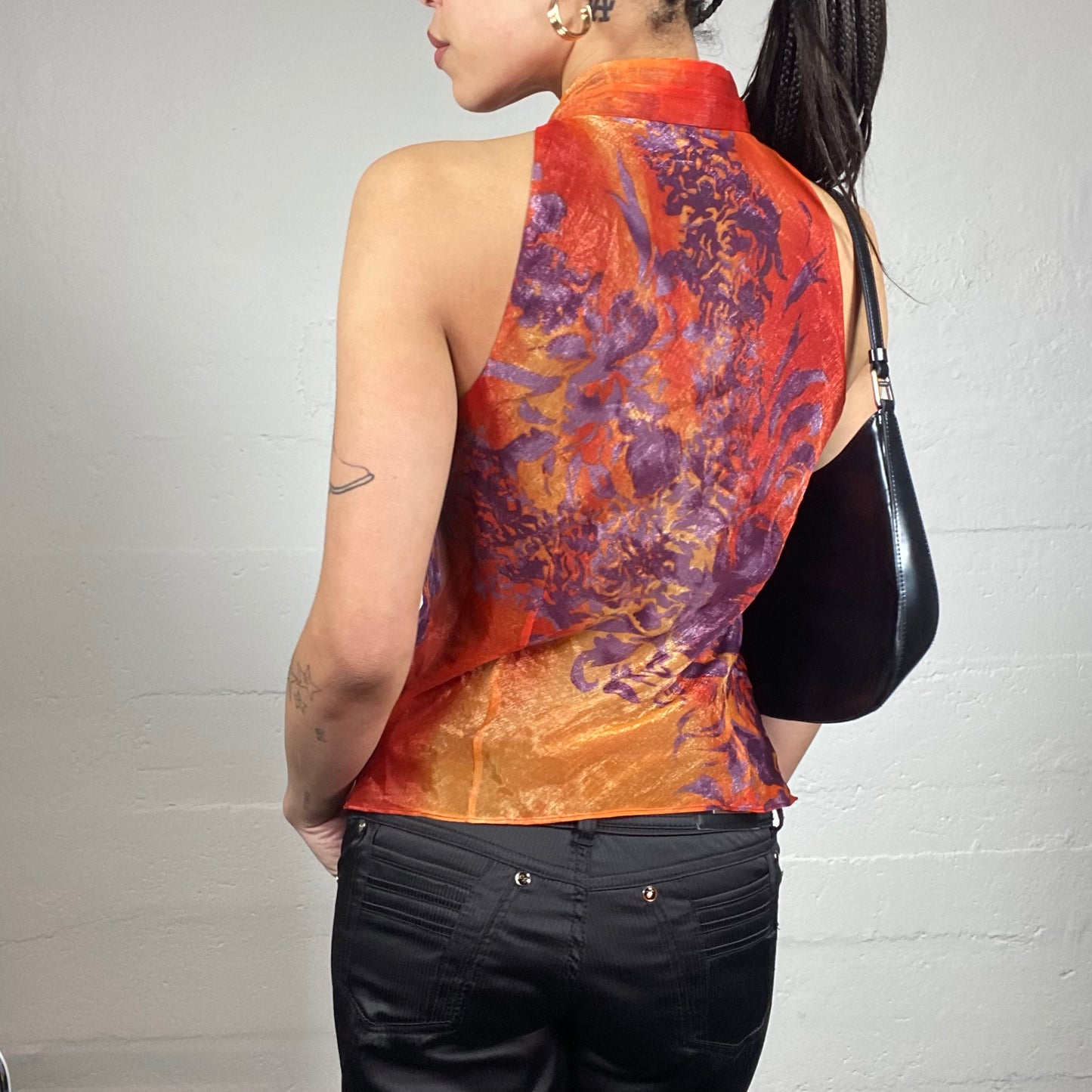 Vintage 2000's Festive Garnet and Purple Highneck Blouse Top with Scarf Attached and Tie Dye Print (S)