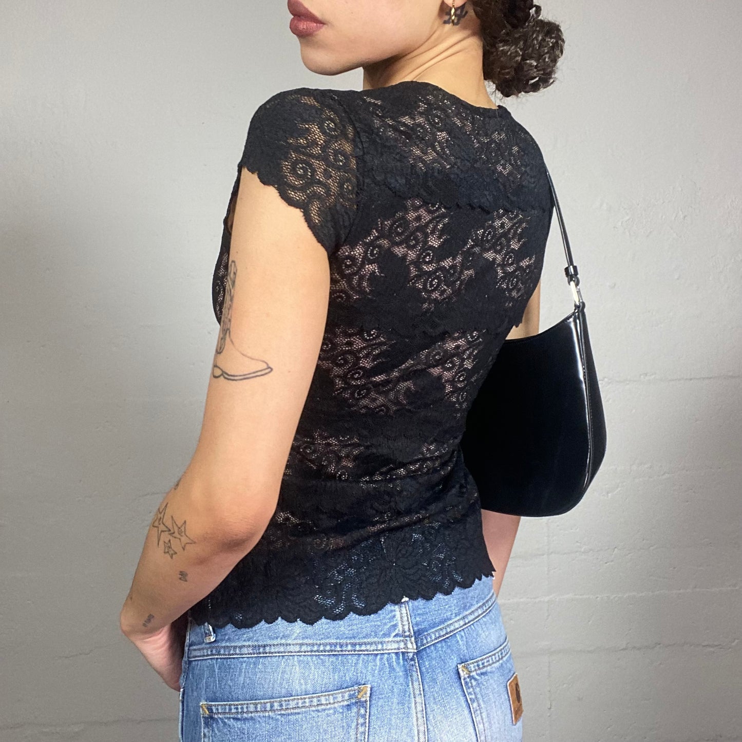 Vintage 2000's Romantic Black Lace Covering Top with Satin Pink Trim Lace Up Detail (S)