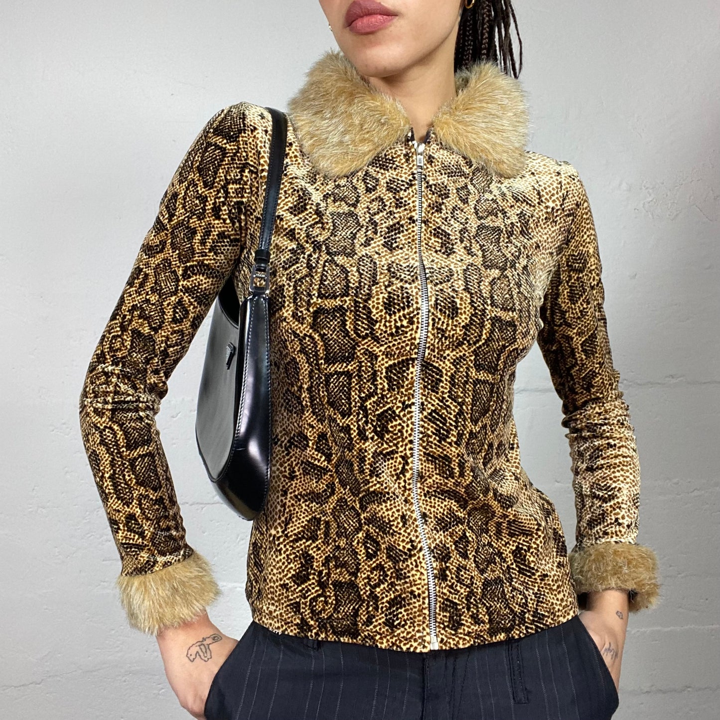 Vintage 90 Janice Beige Cheetah Skin Print Zip Up Jacket with Fur Trim Detail (S)