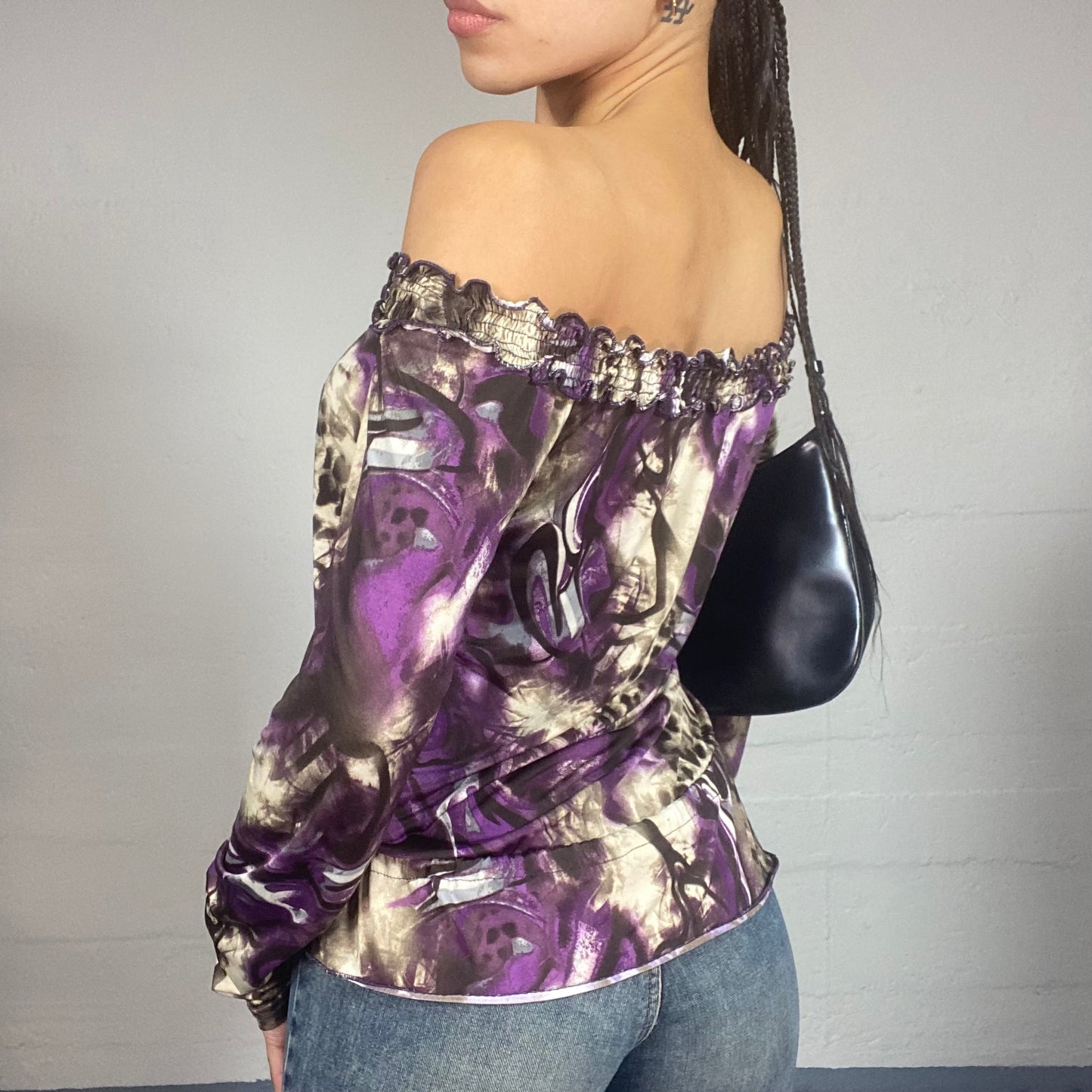 Vintage 2000's Desperate Housewive Beige Off Shoulder Blouse Top with Cheetah & Big Purple Floral Print (M)