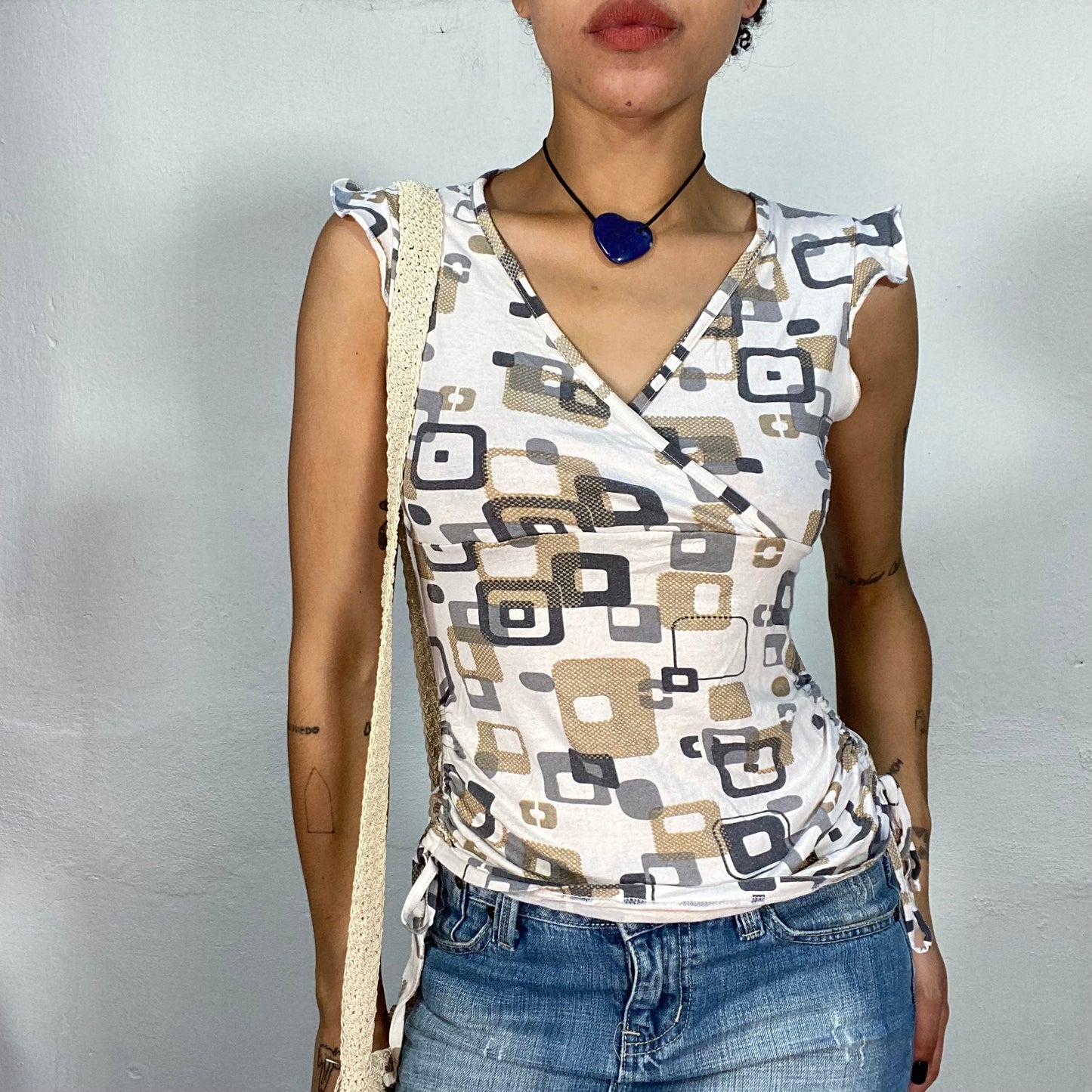 Vintage 2000's Downtown Girl Creme Top with Square Print and Scrunch Detail (S)