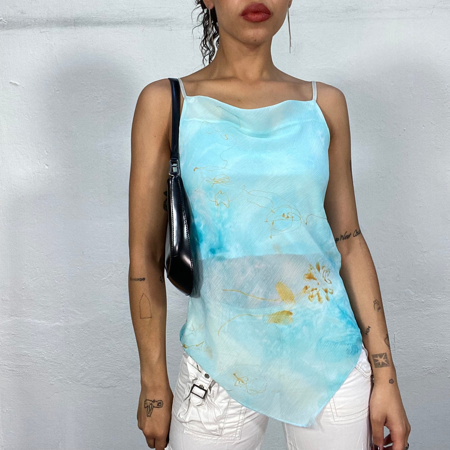 Vintage 2000's Summer Aqua Blue Asymmetric Top with Semi-Sheer Material and Flower Print (M)