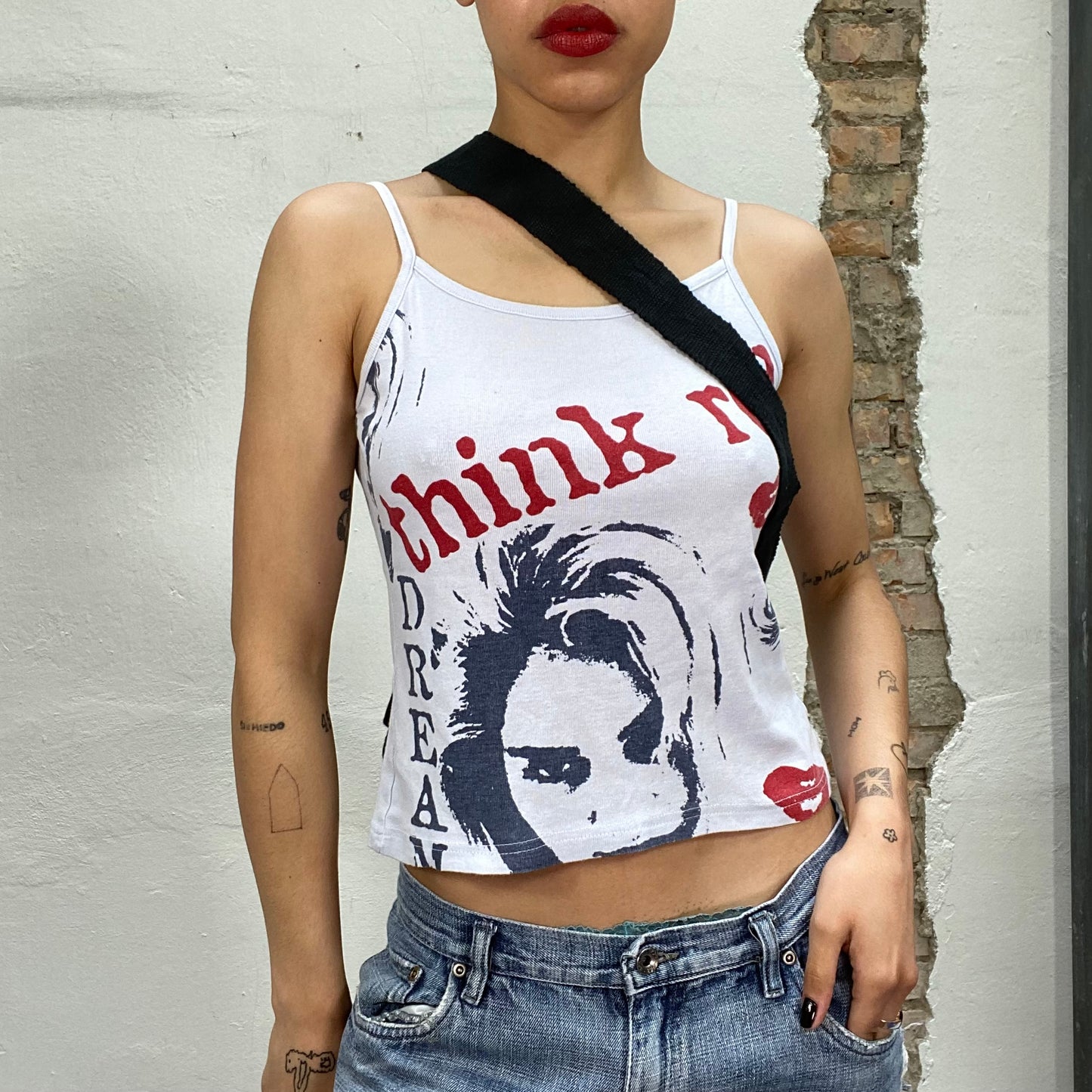 Vintage 2000's Downtown Girl White Top with 'Think Red' Print (S/M)