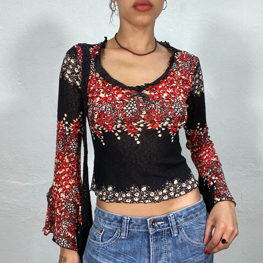 Vintage 90's Indie Black and Red Floral Mesh Top with Flared Sleeves (S)