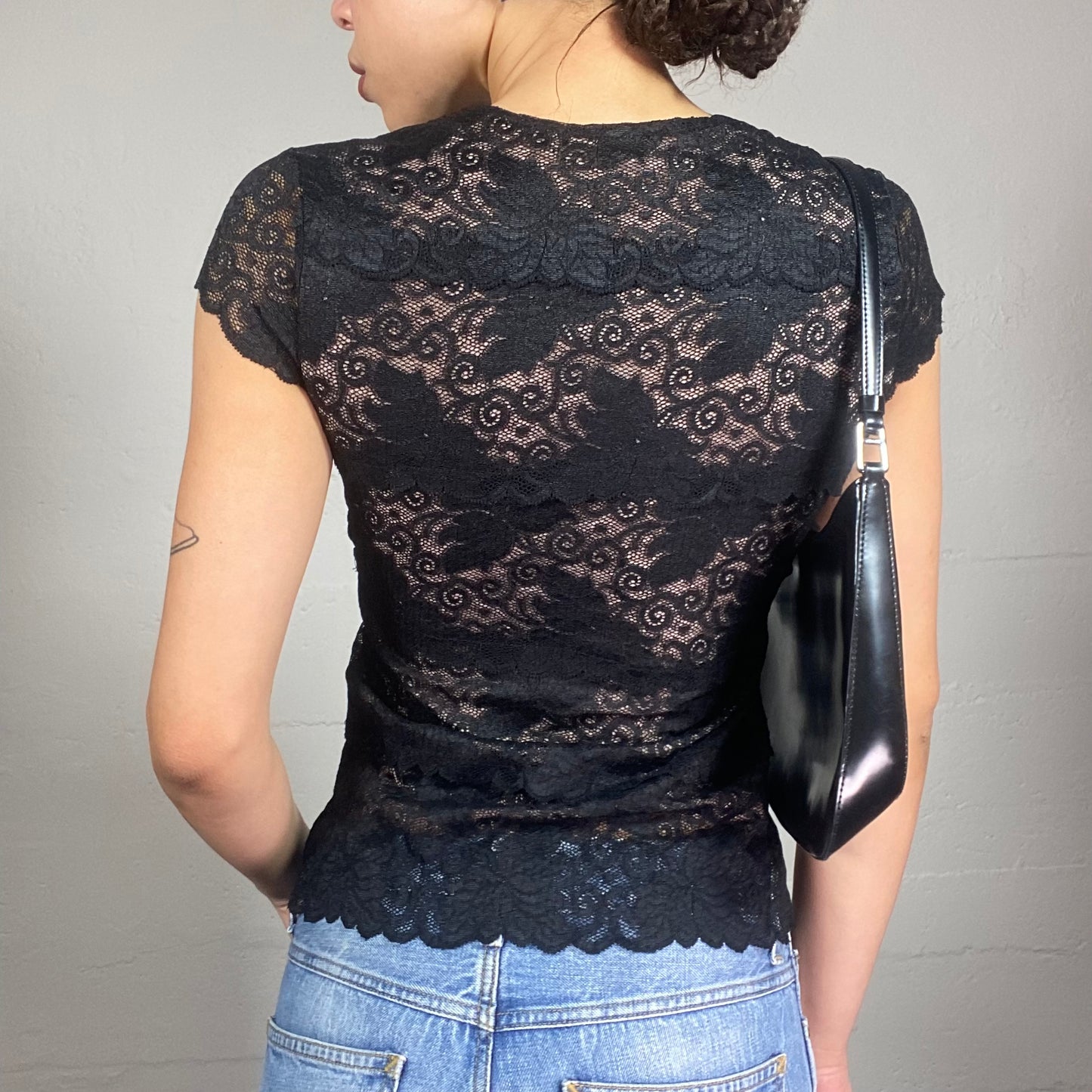 Vintage 2000's Romantic Black Lace Covering Top with Satin Pink Trim Lace Up Detail (S)