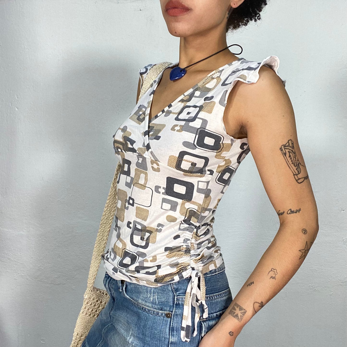 Vintage 2000's Downtown Girl Creme Top with Square Print and Scrunch Detail (S)