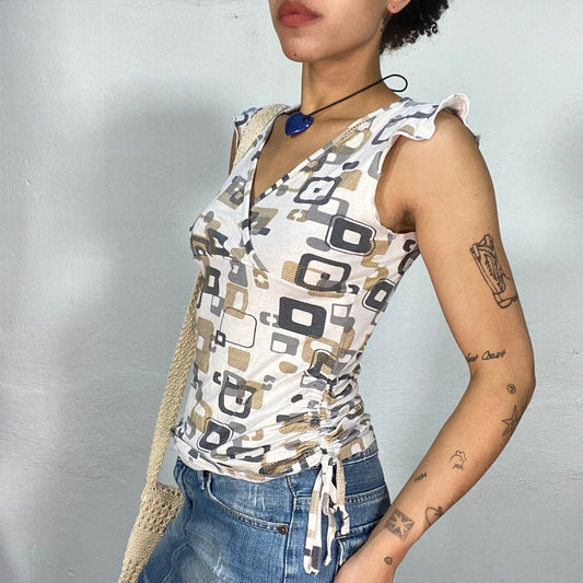 Vintage 2000's Downtown Girl Creme Top with Square Print and Scrunch Detail (S)
