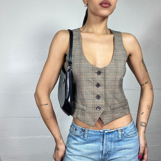 Vintage 2000's Sleaze Brown Vest Top with Checkered Print (S)