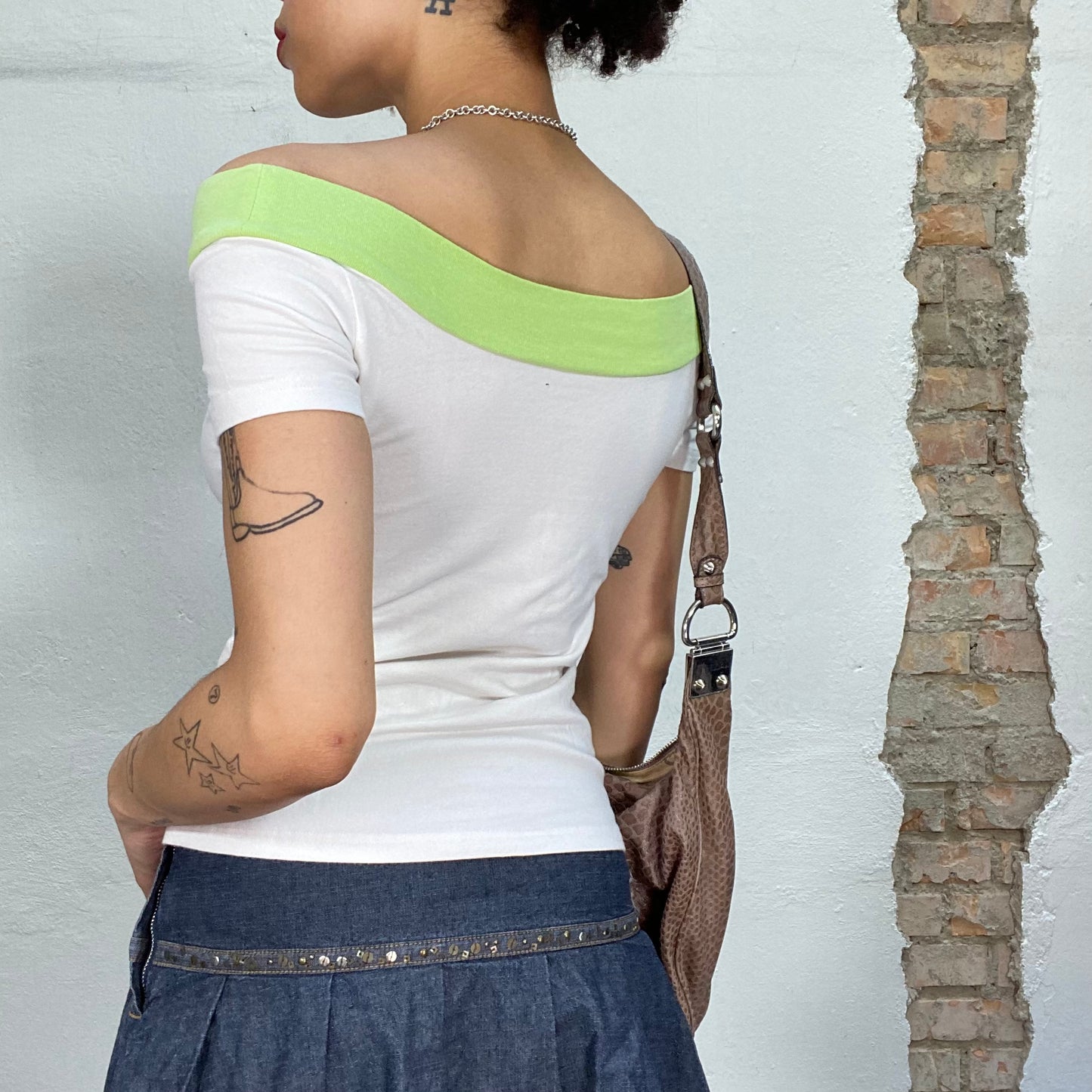 Vintage 2000's Downtown Girl White and Lime Green Off Shoulder Top with Studs Detail (M)