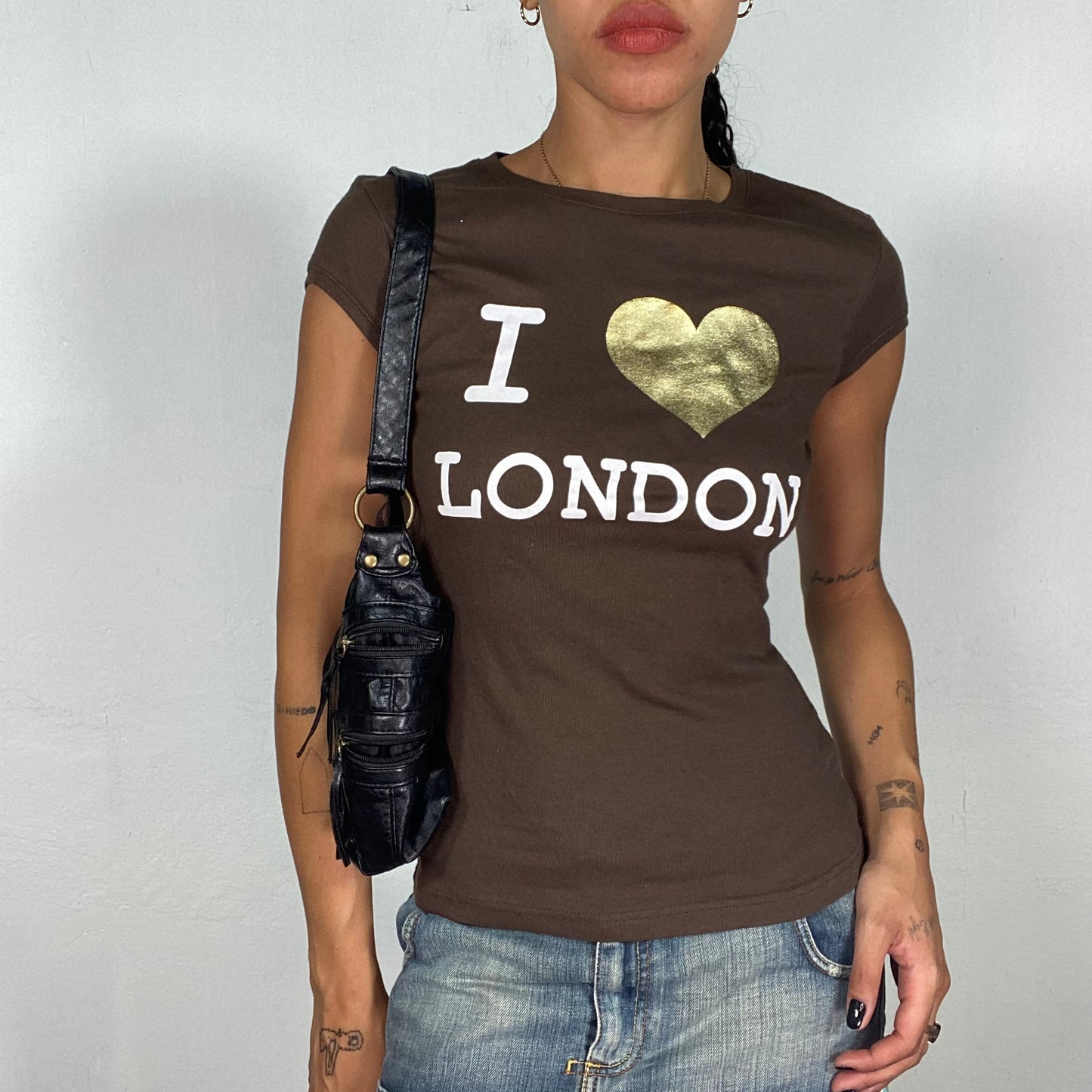 Vintage 2000's Sleaze Brown Top with White and Gold "I <3 London" Print (S)