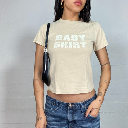 Vintage 2000's Cute Beige Top with White "Baby Shirt" Print (S)