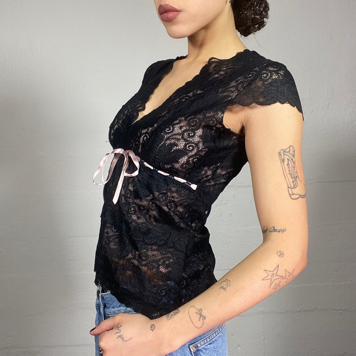 Vintage 2000's Romantic Black Lace Covering Top with Satin Pink Trim Lace Up Detail (S)