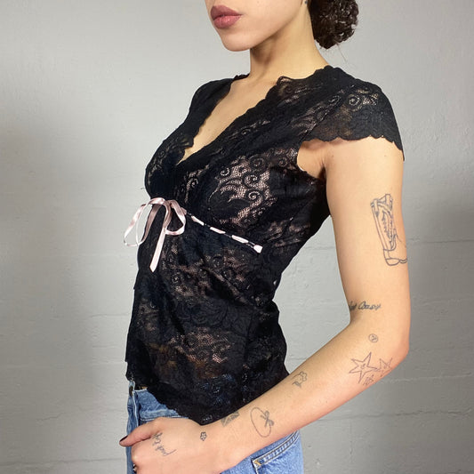 Vintage 2000's Romantic Black Lace Covering Top with Satin Pink Trim Lace Up Detail (S)
