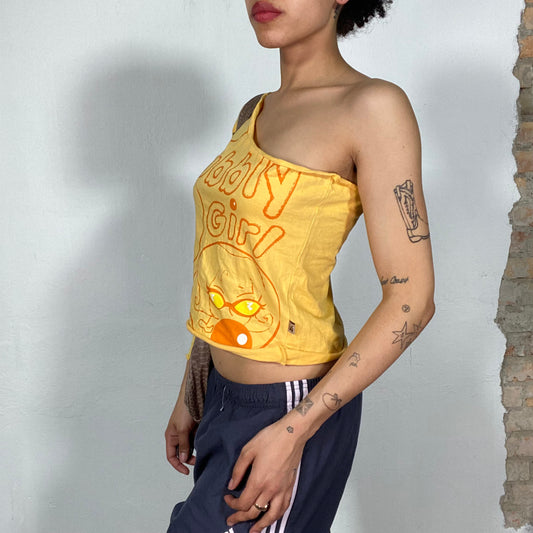 Vintage 90's Streetstyle Yellow One Shoulder Top with 'Bubbly Girl' Print (S/M)