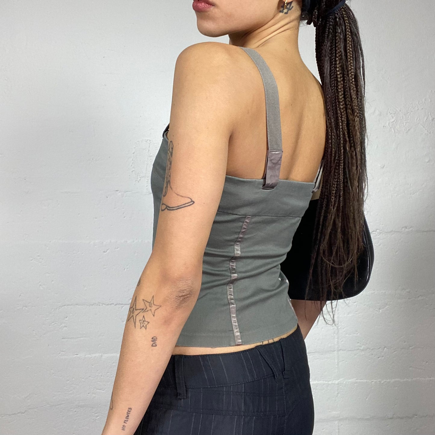 Vintage 2000's Rave Khaki Top with Satin Trims Detail (S)