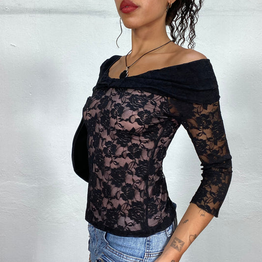 Vintage 90's Whimsgoth Black Bardot Neck Top with Lace Material (S/M)