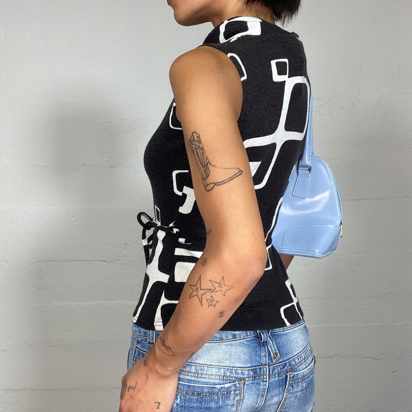 Vintage 2000's Funky Highneck Black Top with White Squared Print (S/M)