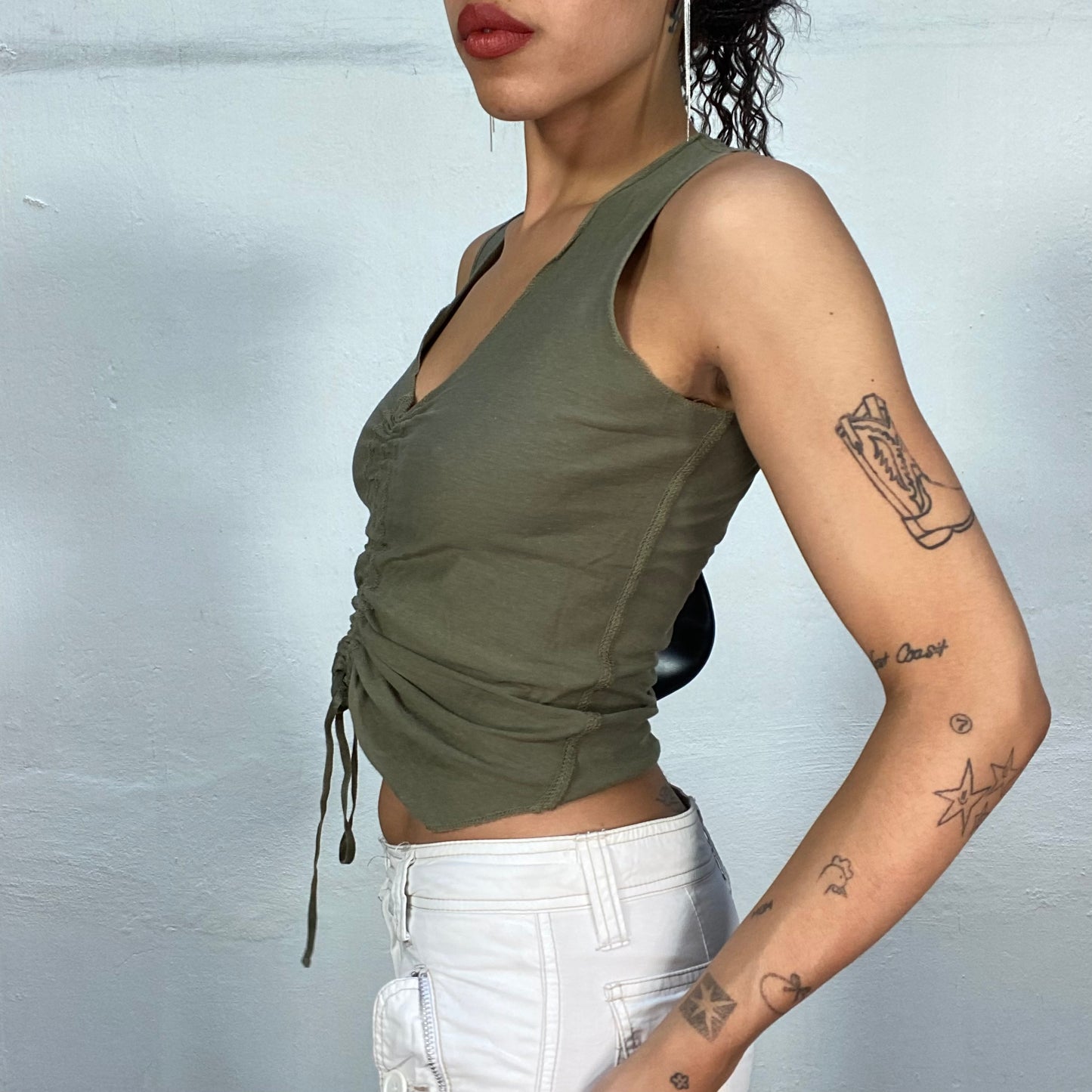 Vintage 2000's Whimsgoth Khaki Top with Ruffled Part Detail (M)