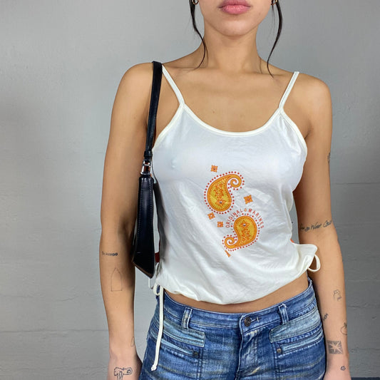 Vintage 2000's Sleaze White Top with Orange Paisley Print Detail (M)