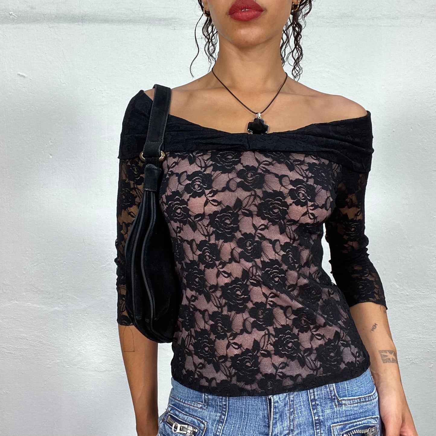 Vintage 90's Whimsgoth Black Bardot Neck Top with Lace Material (S/M)