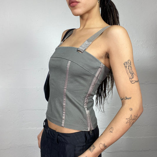 Vintage 2000's Rave Khaki Top with Satin Trims Detail (S)