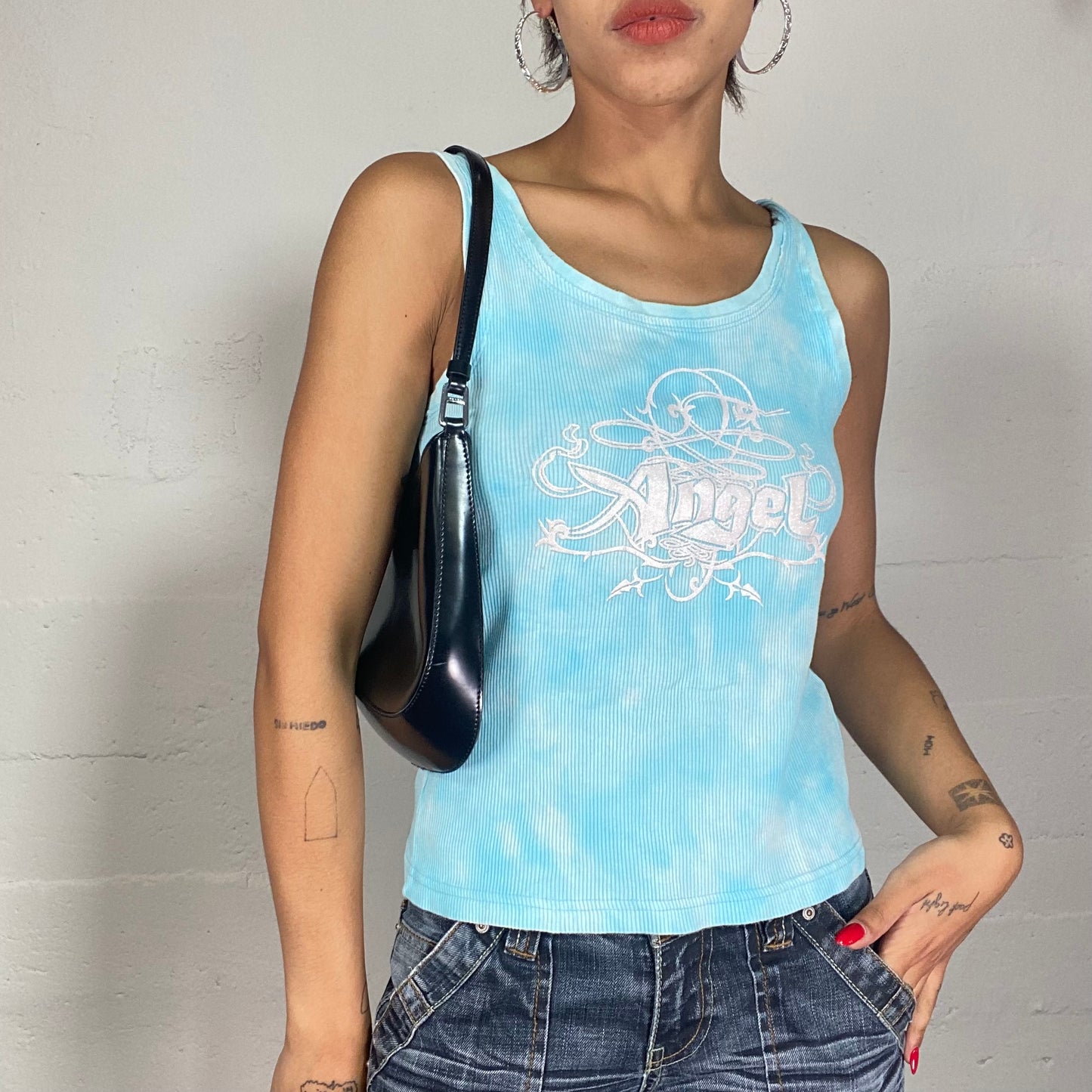 Vintage 2000's Downtown Girl Blue Top with Graffiti "Angel" Print  (XS)