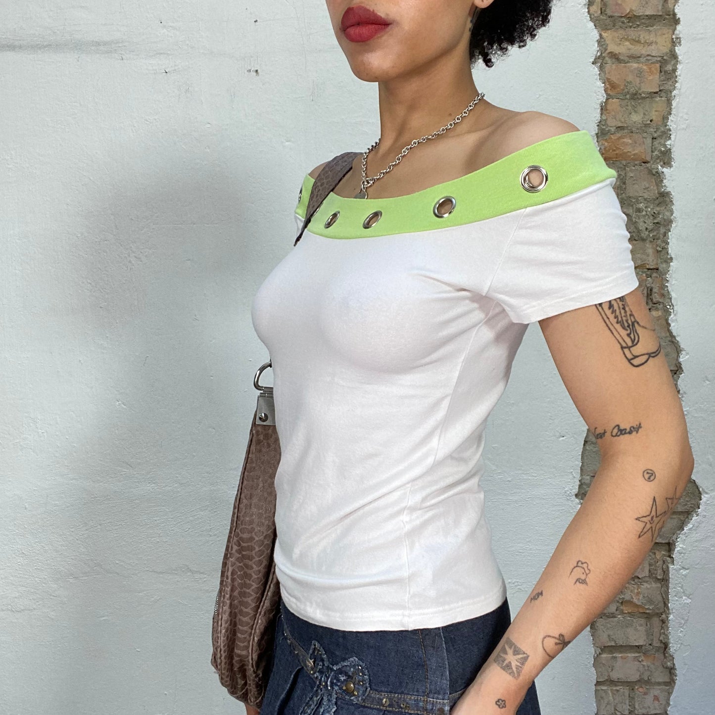 Vintage 2000's Downtown Girl White and Lime Green Off Shoulder Top with Studs Detail (M)