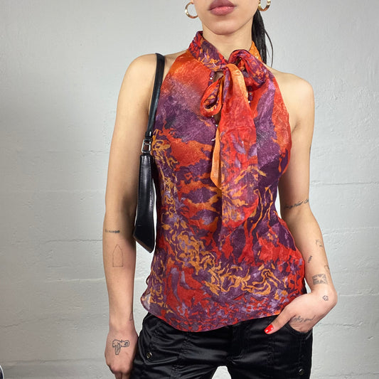 Vintage 2000's Festive Garnet and Purple Highneck Blouse Top with Scarf Attached and Tie Dye Print (S)