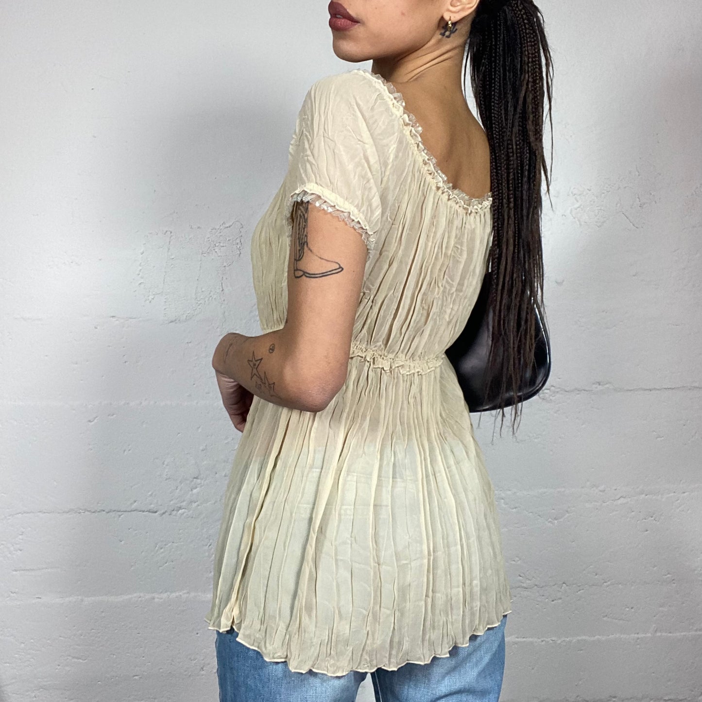 Vintage 2000's Fairy Girl Beige Mesh Drapped Top with Pleaded Detail (M)
