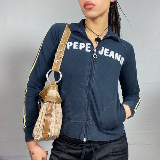 Vintage 2000's Pepe Jeans Football Core Navy Blue and White Zip-Up Hoodie with With Brand Patch (S)