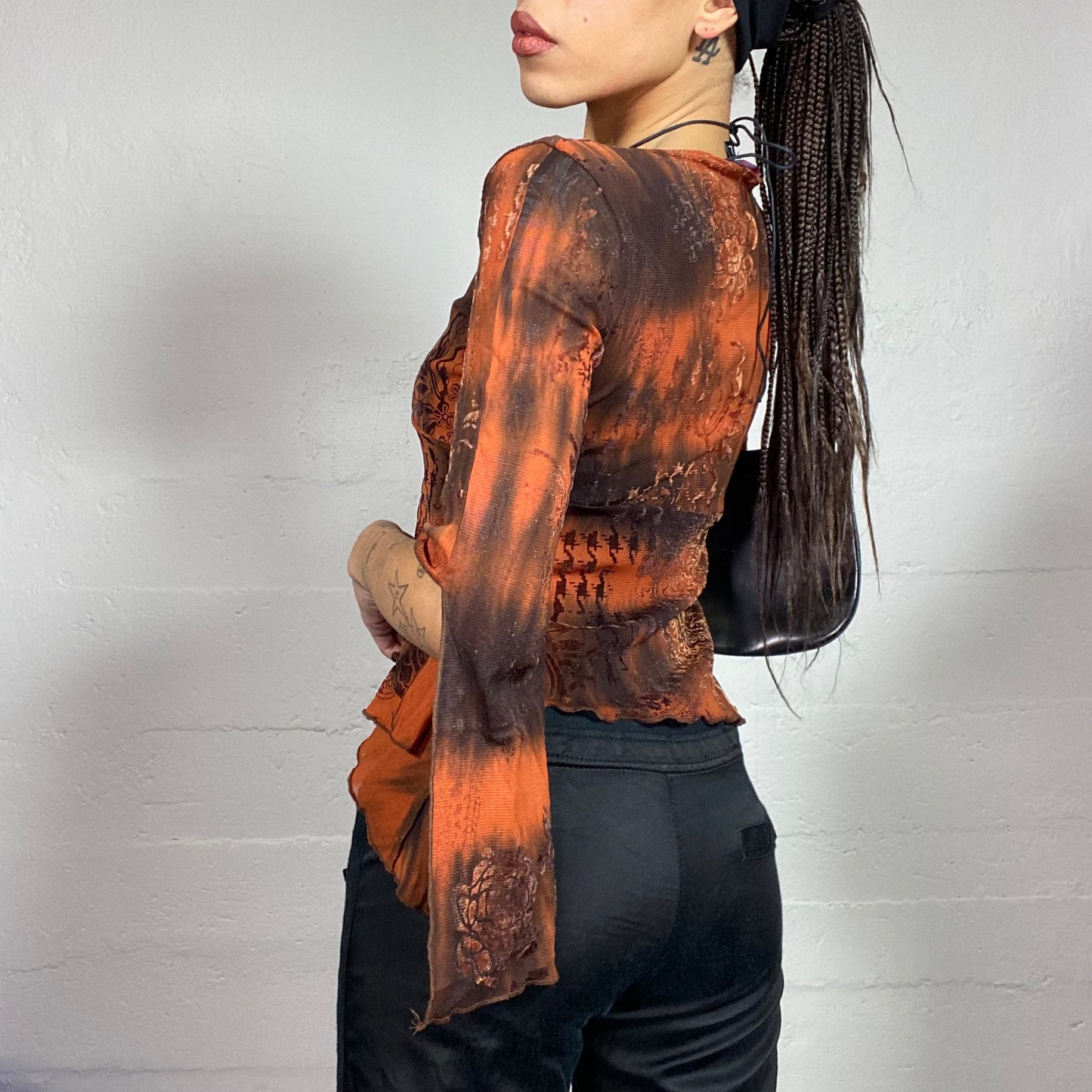 Vintage 90's Boho Brown Open Longsleeve Top with Orange Wavy Tie Dye Print and Asymmetric Cut (S)