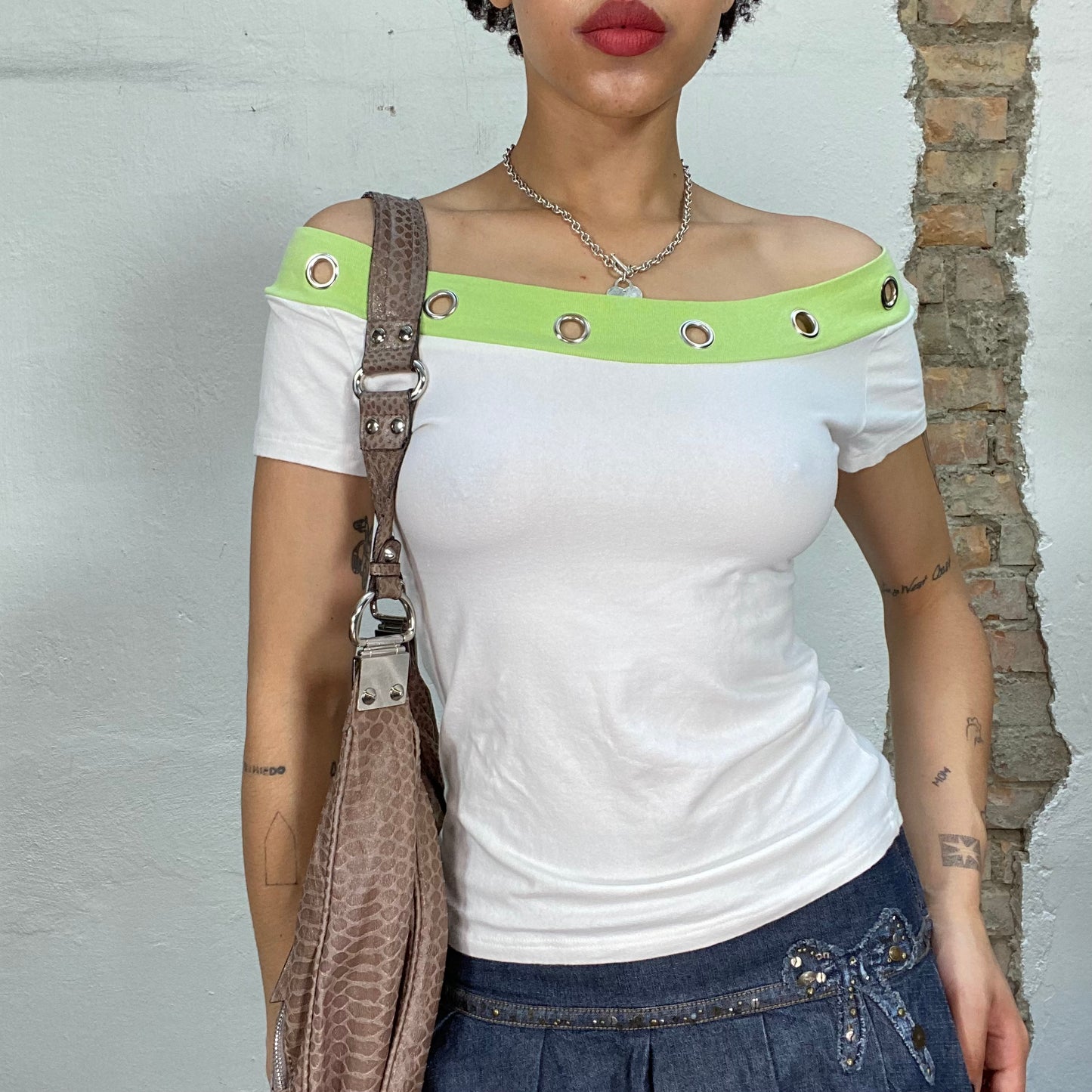 Vintage 2000's Downtown Girl White and Lime Green Off Shoulder Top with Studs Detail (M)