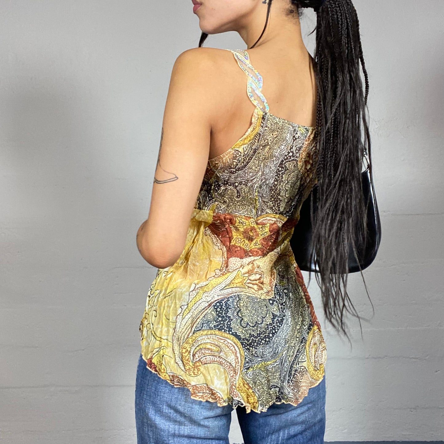 Vintage 2000's Boho Girl Beige & Orange Blouse Top with Mixed Ethnic Print (M)