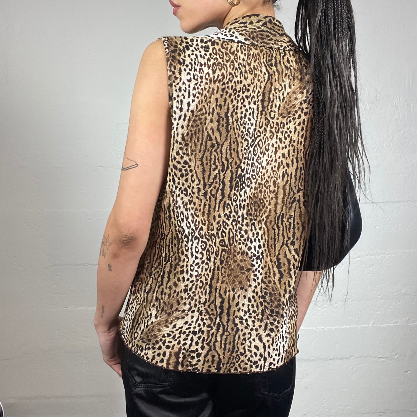 Vintage 2000's Mob Wife Brown Frilled Blouse Top with Cheetah Print (M)