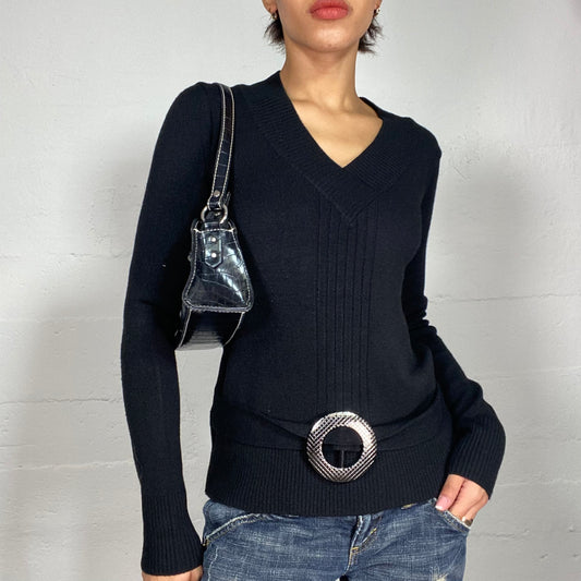 Vintage 2000's  Bratz Black Pullover with Silver Round Buckle Belt Detail (M)