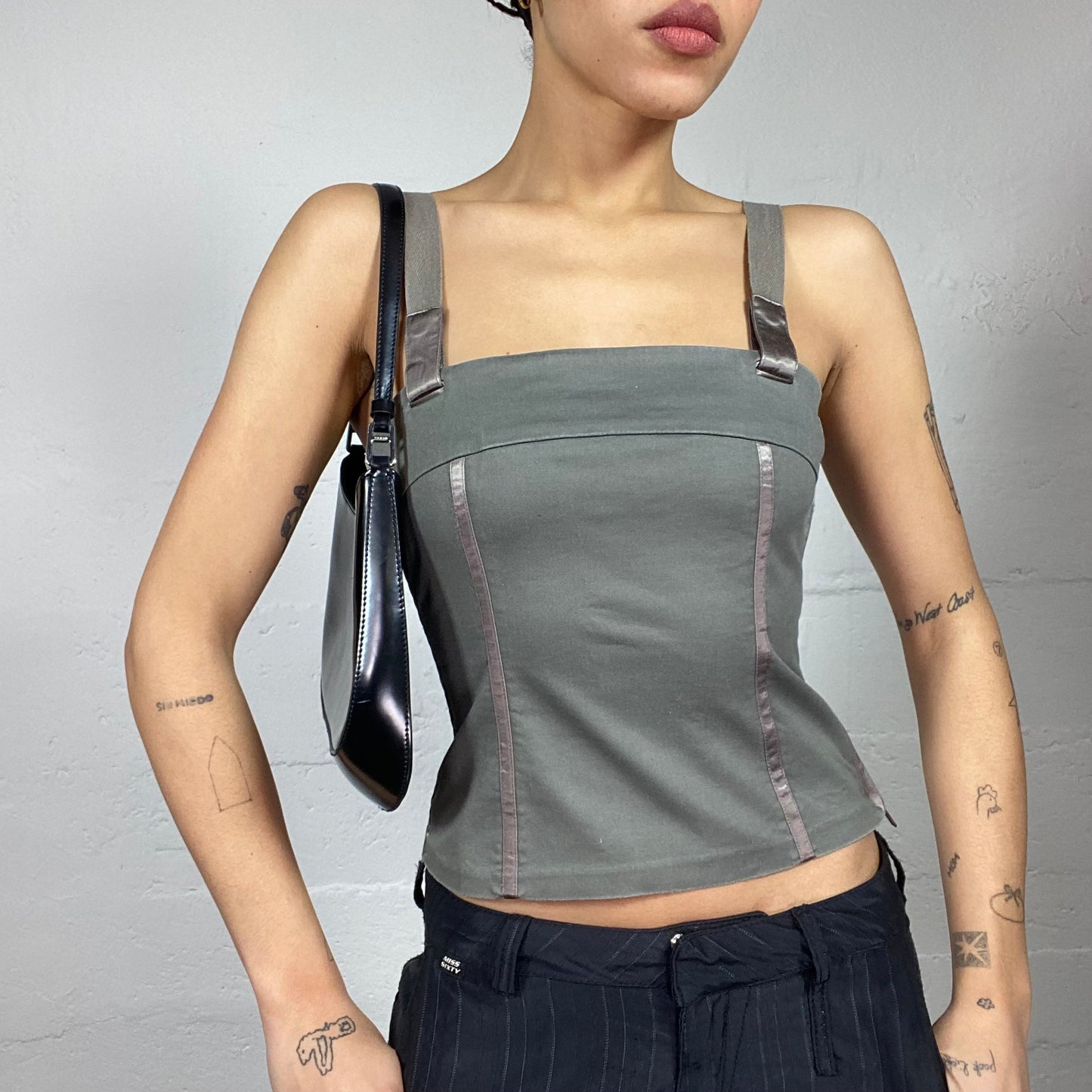 Vintage 2000's Rave Khaki Top with Satin Trims Detail (S)