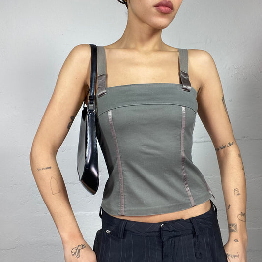 Vintage 2000's Rave Khaki Top with Satin Trims Detail (S)