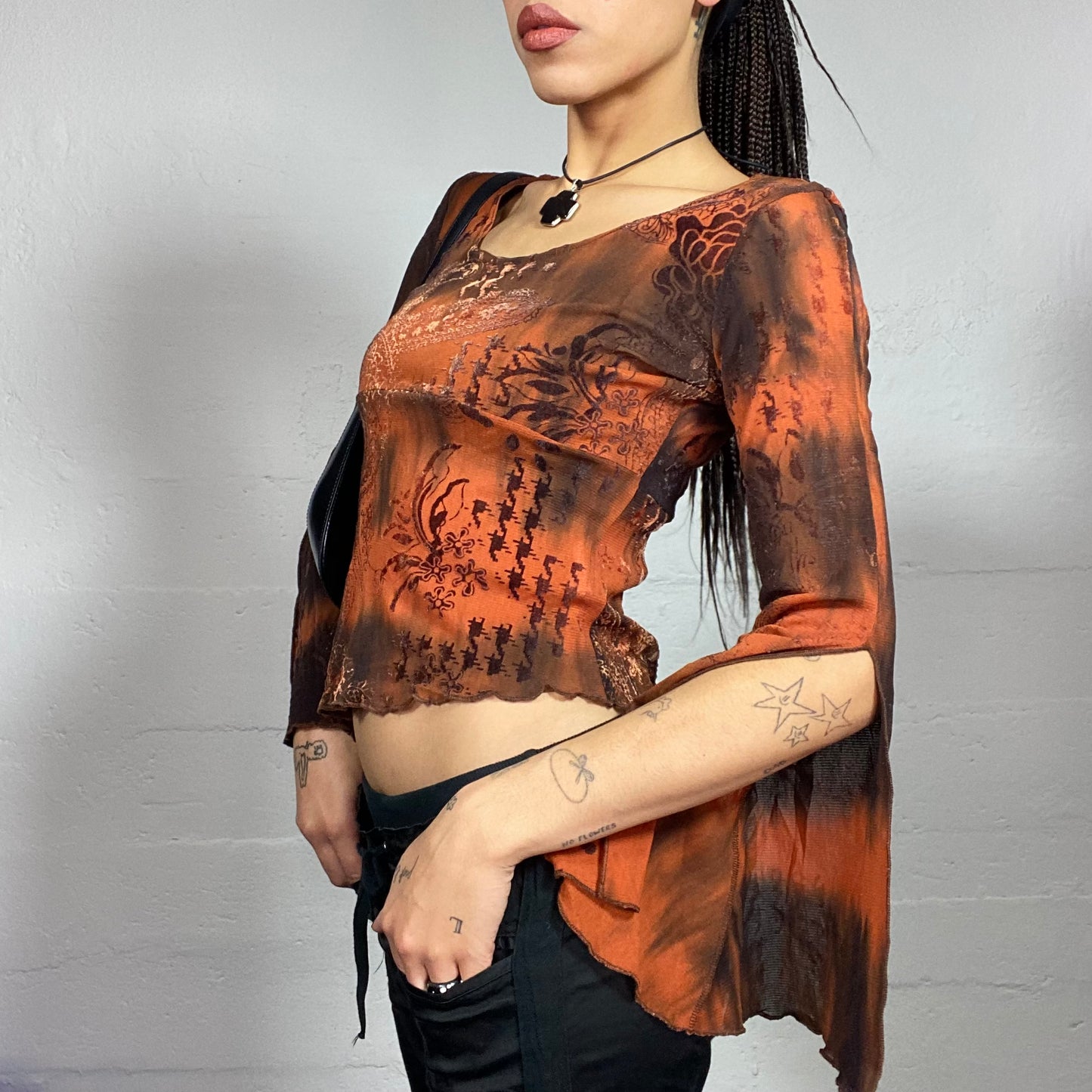 Vintage 90's Boho Brown Open Longsleeve Top with Orange Wavy Tie Dye Print and Asymmetric Cut (S)