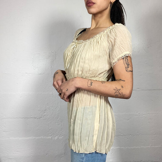 Vintage 2000's Fairy Girl Beige Mesh Drapped Top with Pleaded Detail (M)