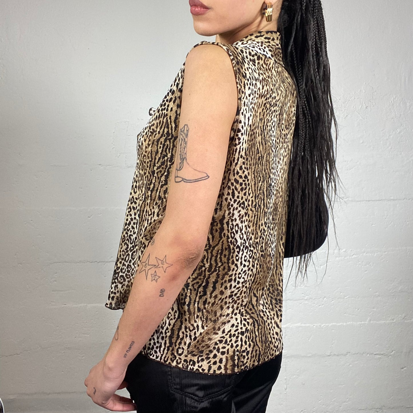 Vintage 2000's Mob Wife Brown Frilled Blouse Top with Cheetah Print (M)