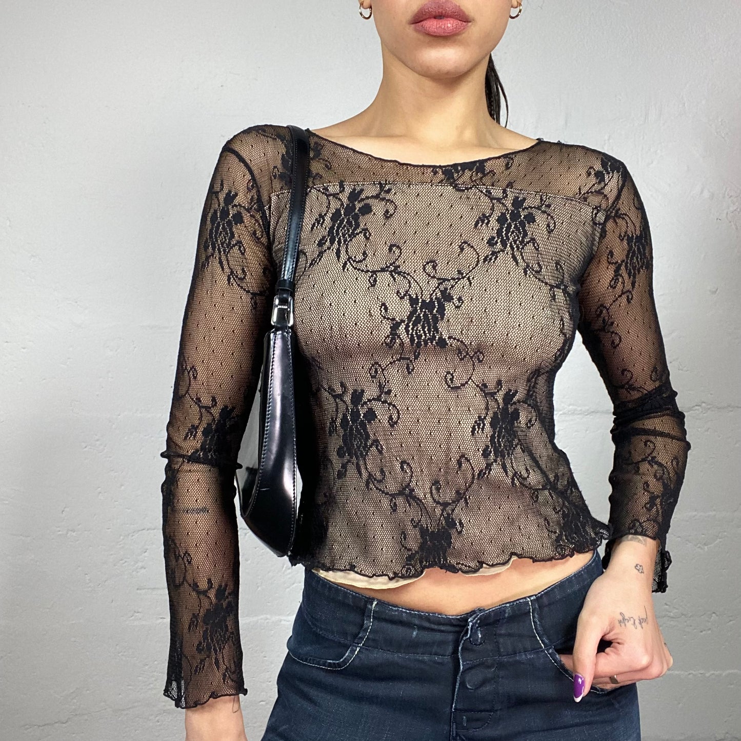 Vintage 90's Coquette Black Longsleeve Lace Top (M)