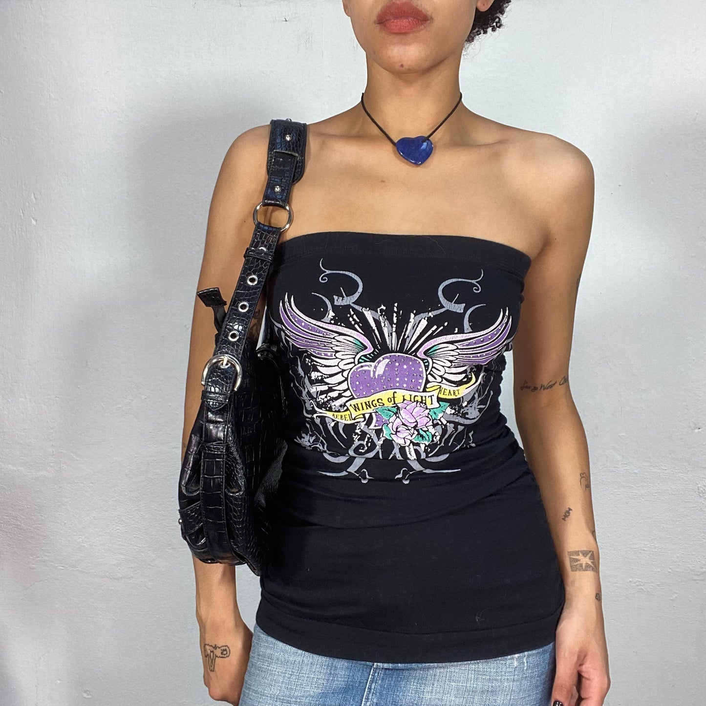 Vintage 2000's Rocker Black Tube Top with Winged Heart Print (S)