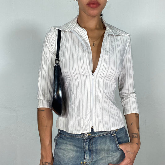 Vintage 2000's Office White Zip Up Shirt with Grey Pinestripes (S)