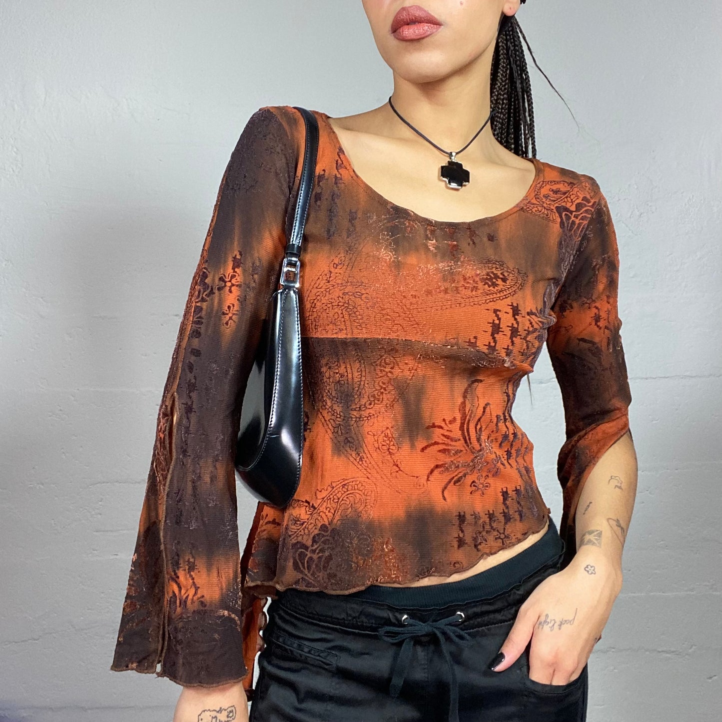 Vintage 90's Boho Brown Open Longsleeve Top with Orange Wavy Tie Dye Print and Asymmetric Cut (S)